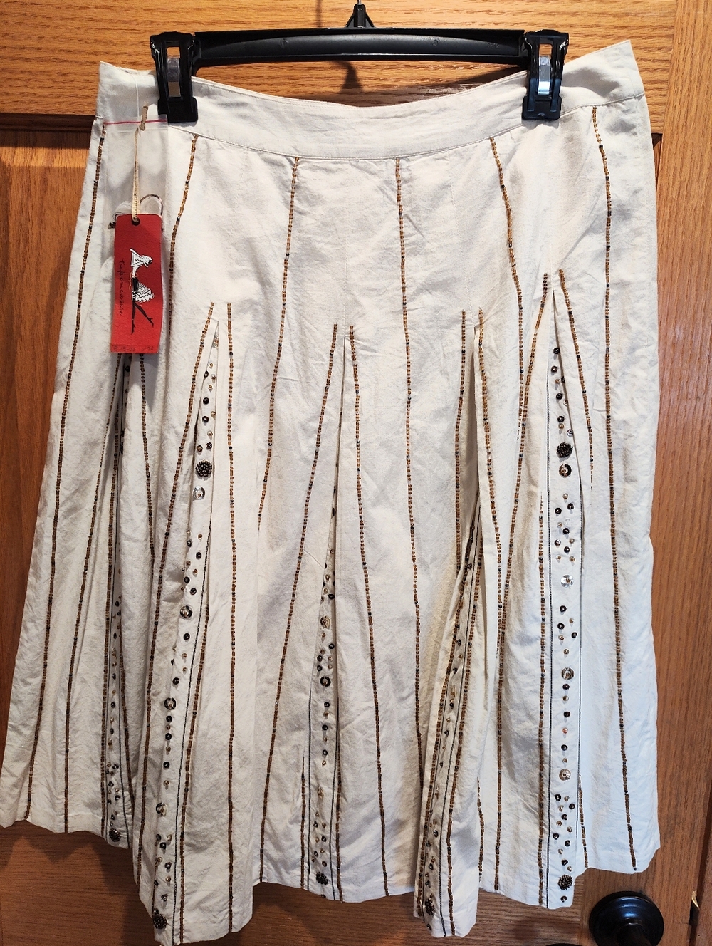 Tapemeasure Cream A-Line Embellished Skirt, Size 8, Pleated, Sequins And Beads